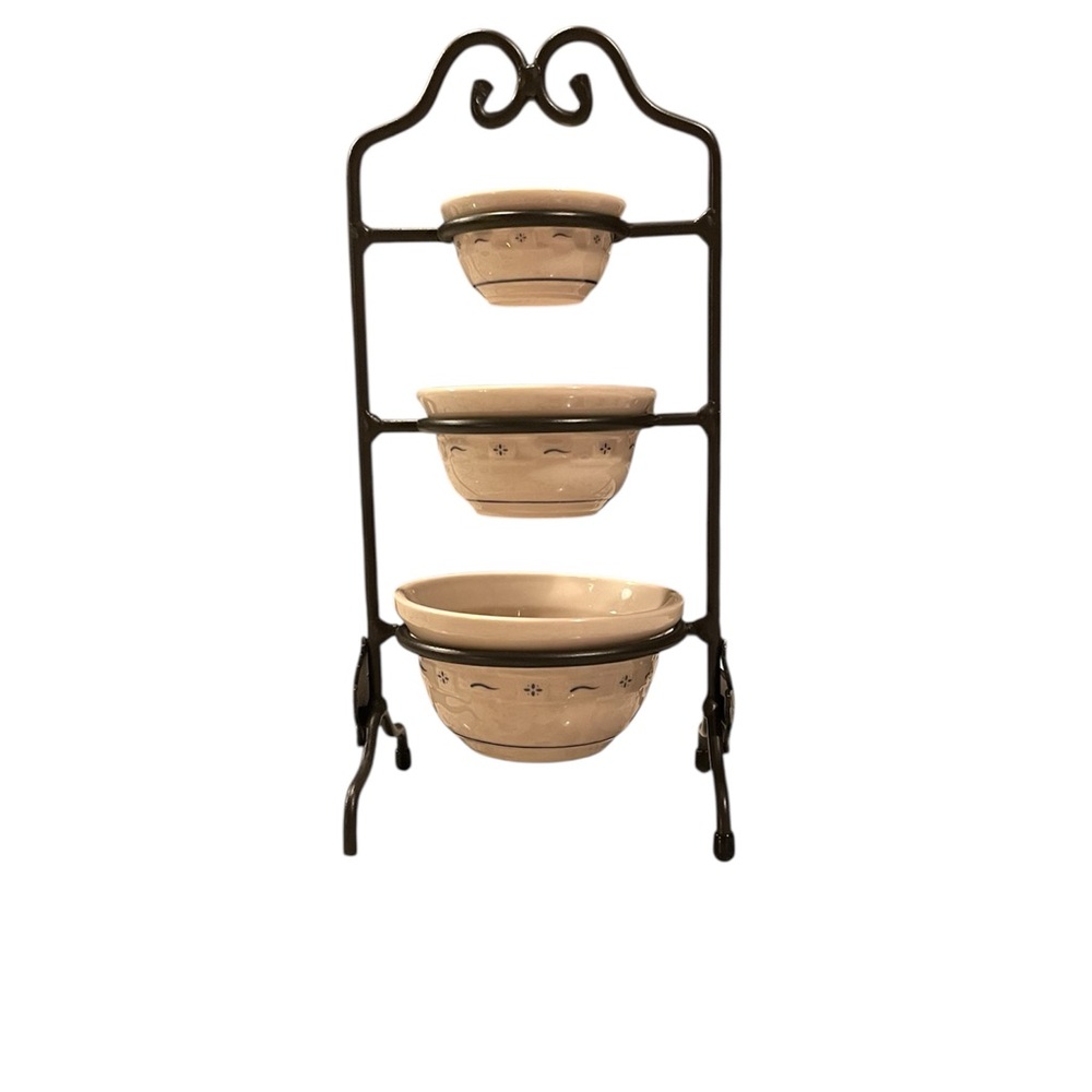 Longaberger Collectors Edition Miniature Pottery Bowl Set w/ Wrought Iron Stand.